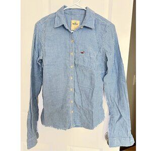 Hollister Women's Blue White Striped Collar Button Up Long Sleeves Shirt Size S